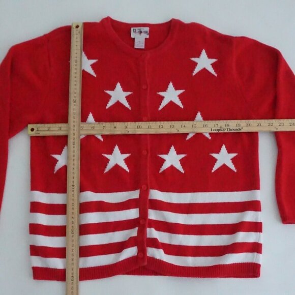Vintage Crystal Kobe Red w White Stars Patriotic Flag Knit Button Up Cardigan Xl - Picture 4 of 11